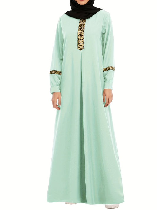 Ramadan Contrast Trim Kaftan, Elegant Long Sleeve Maxi Length Dress, Women's Clothing