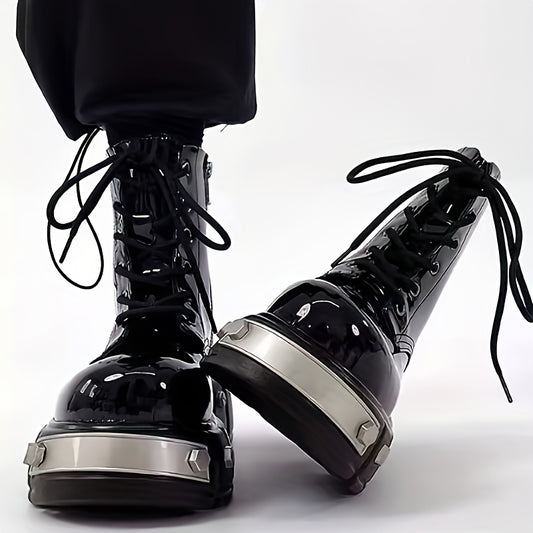 Men's Round Toe Thick Sole Height Increasing Metal Punk Style Zipper Motorcycle Boot, Motorcycle Boots For Men, Motorcycle Riding Boots, Motorcycle Shoes, Motorcycle Boots For Women, Motorcycle Shoes For Men, Bottes De Moto,