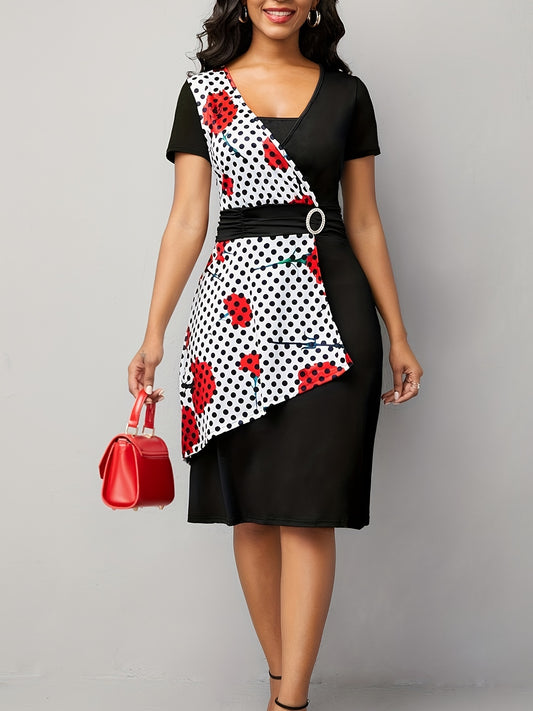 Asymmetrical V Neck Dress, Vintage Short Sleeve Slim Waist Comfy Dress, Women's Clothing Wedding/Evening dress/Occasion/Engagement/Ceremony