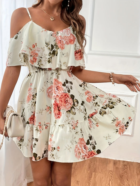 Floral Print Cold Shoulder Dress, Casual Ruffle Trim Dress For Spring & Summer, Women's Clothing