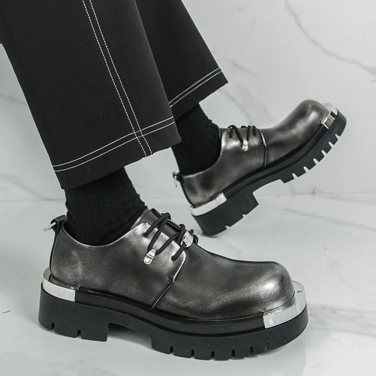 Men'S Chunky Platform Dress Shoes - Slip-Resistant Rubber Sole, Lace-Up Formal & Business Shoes, Glossy Black Faux Cover for Office, Wedding, Party - Cushioned Insole & Non-Slip Outsole, Office Footwear, Sleek Shoe Design, Du