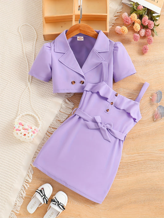 2pcs Girls Fashion Solid Non Stretch Puff Sleeve Double Button Blazer & Belted Cami Dress