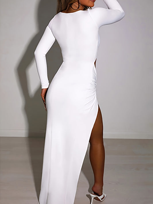 Transitional Charm, Sexy Square Neck Long Sleeve Dress with High Slit and Cut-Out Waist - Stretchy Polyester Blend, Machine Washable - Perfect for All Seasons