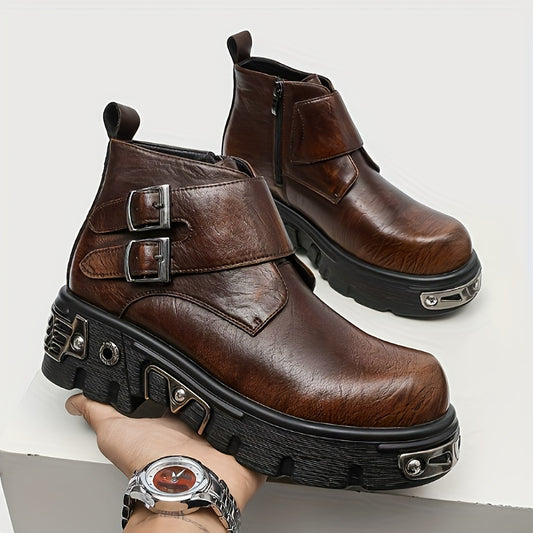 Men's Vintage Punk Rock Boots - Chunky Platform Round-Toe Ankle Booties with Buckle & Zipper Closure, Upper & Rubber Sole, All-Season Brown/Black Heavy-Duty