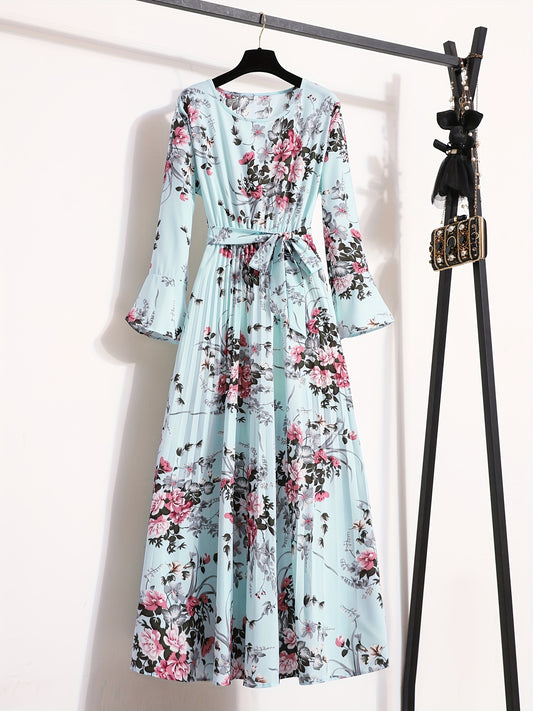Floral Print Pleated Dress, Crew Neck Elegant Long Sleeve Maxi Dress, Women's Clothing