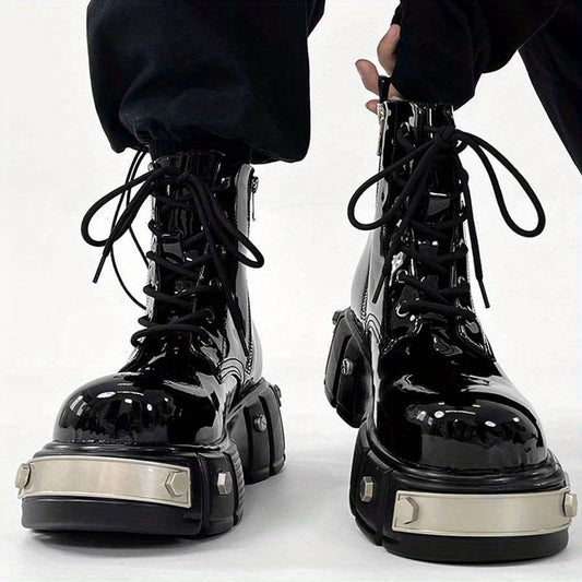 Unisex High-Top Motorcycle Boots - Black, Lace-Up, Round Toe, All-Season Casual Streetwear Shoes with Glossy Finish and Side Zipper Opening, Casual Streetwear Shoes | Stylish Short Boots | Glossy Finish Boots