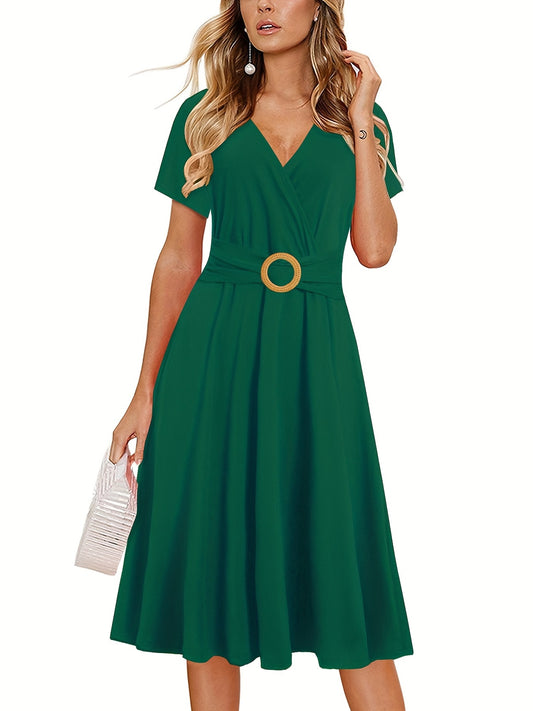 Short Sleeve V Neck Dress, Solid Casual Dress For Summer & Spring, Women's Clothing