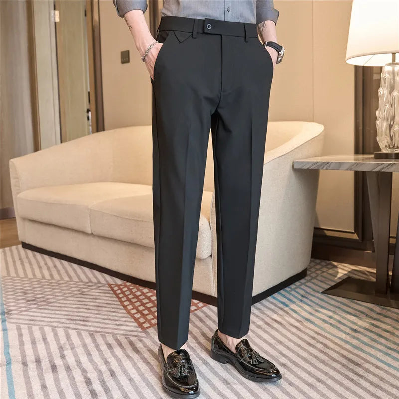 Men's High-Grade Trousers, Stretch Waist, Casual Trousers Slim Fit Navy Blue, Business All-Match,Male Pants