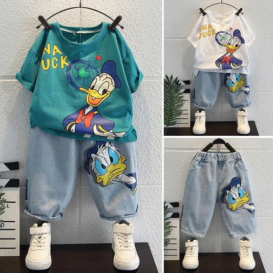 2023 Summer Kids Clothing Fashion Donald Duck T-shirt+Jeans Sets Children Cotton Short Sleeve Denim Shorts Tracksuits Clothes
