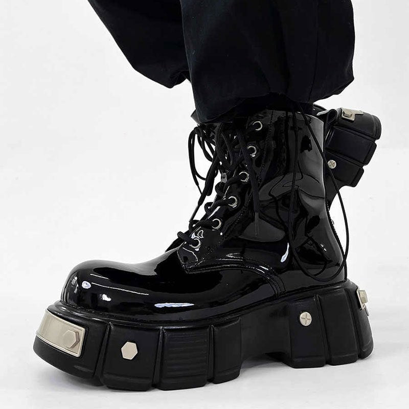 Unisex High-Top Motorcycle Boots - Black, Lace-Up, Round Toe, All-Season Casual Streetwear Shoes with Glossy Finish and Side Zipper Opening, Casual Streetwear Shoes | Stylish Short Boots | Glossy Finish Boots