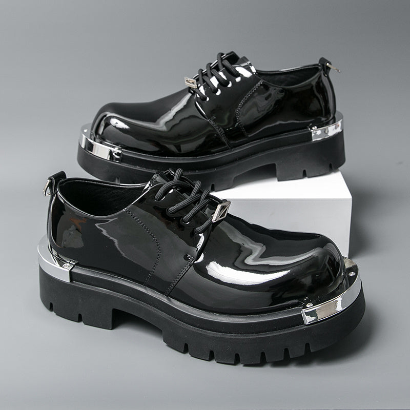 Men'S Glossy Black Faux Loafers - Retro Low-Top Lace-Up Dress Shoes with Thick Rubber Sole, Non-Slip, Comfortable for Business and Office Wear, Office Shoes | Retro Style Shoes | Durable Rubber Sole