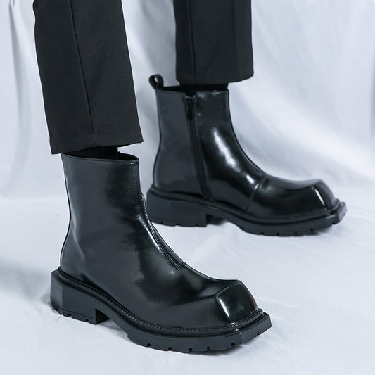 Men's -like Glossy Black Ankle-High Boot - Slip-Resistant Rubber Sole, Zipper Closure & Lace-Up Front, Chunky Short Boot with Glossy Upper, Glossy PU Lining & Arch - Slip-Resistant Traction Tread, PU Insole & Lining - Motorcy