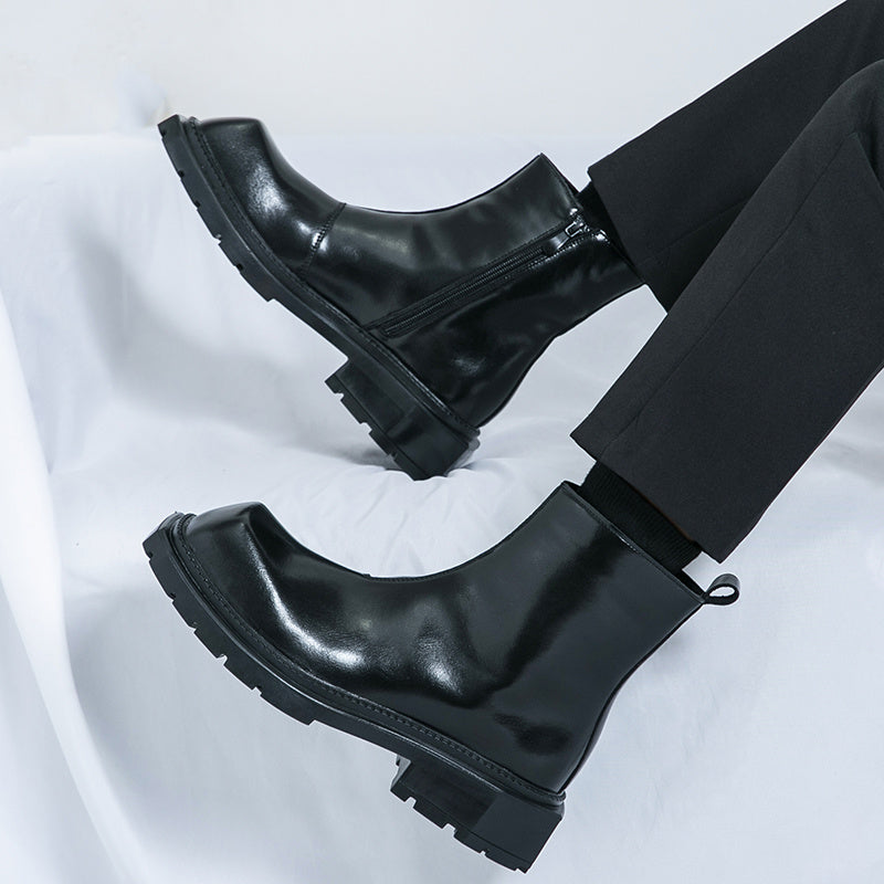 Men's -like Glossy Black Ankle-High Boot - Slip-Resistant Rubber Sole, Zipper Closure & Lace-Up Front, Chunky Short Boot with Glossy Upper, Glossy PU Lining & Arch - Slip-Resistant Traction Tread, PU Insole & Lining - Motorcy