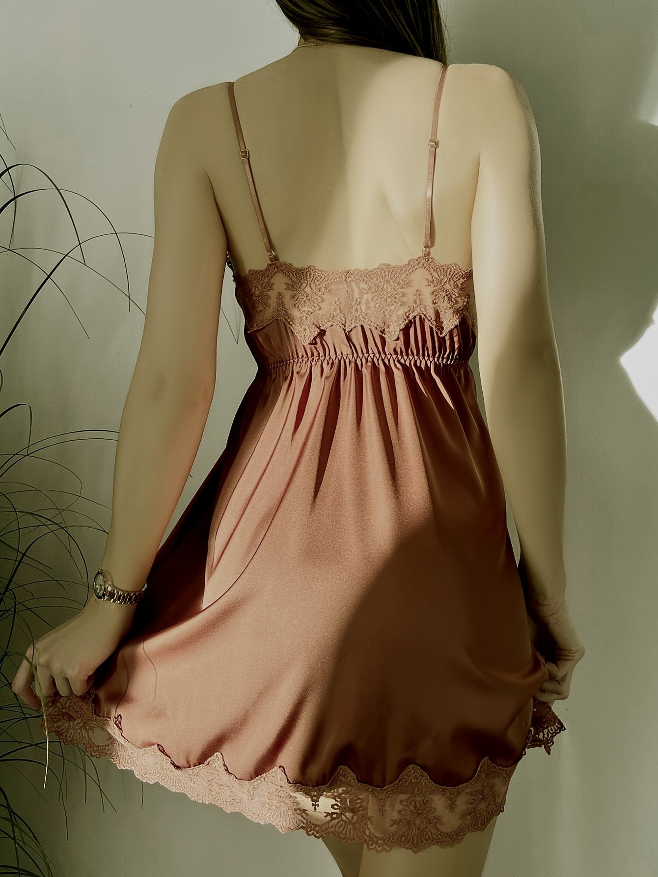 Contrast Lace Pajama Set, Deep V Slip Dress & Long Sleeve Robe With Belt, Women's Sleepwear & Loungewear