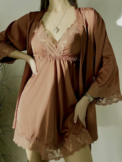 Contrast Lace Pajama Set, Deep V Slip Dress & Long Sleeve Robe With Belt, Women's Sleepwear & Loungewear