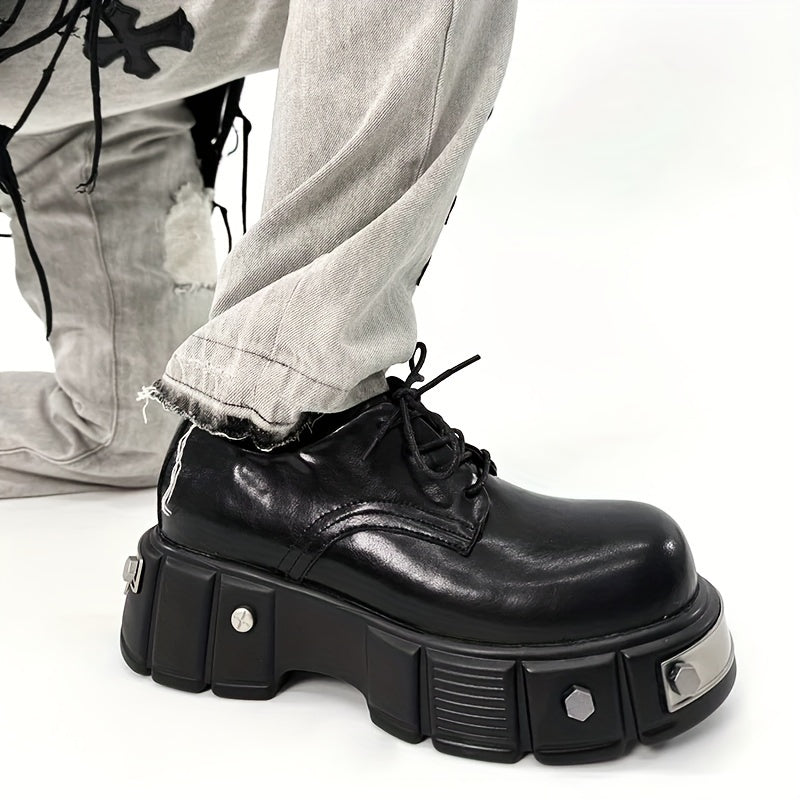 Stylish Men's Derby Shoes - Premium Round Toe, Thick Sole for Height Boost, Lace-Up, Microfiber Faux, Perfect for Casual Wear, Iron Head, British Style