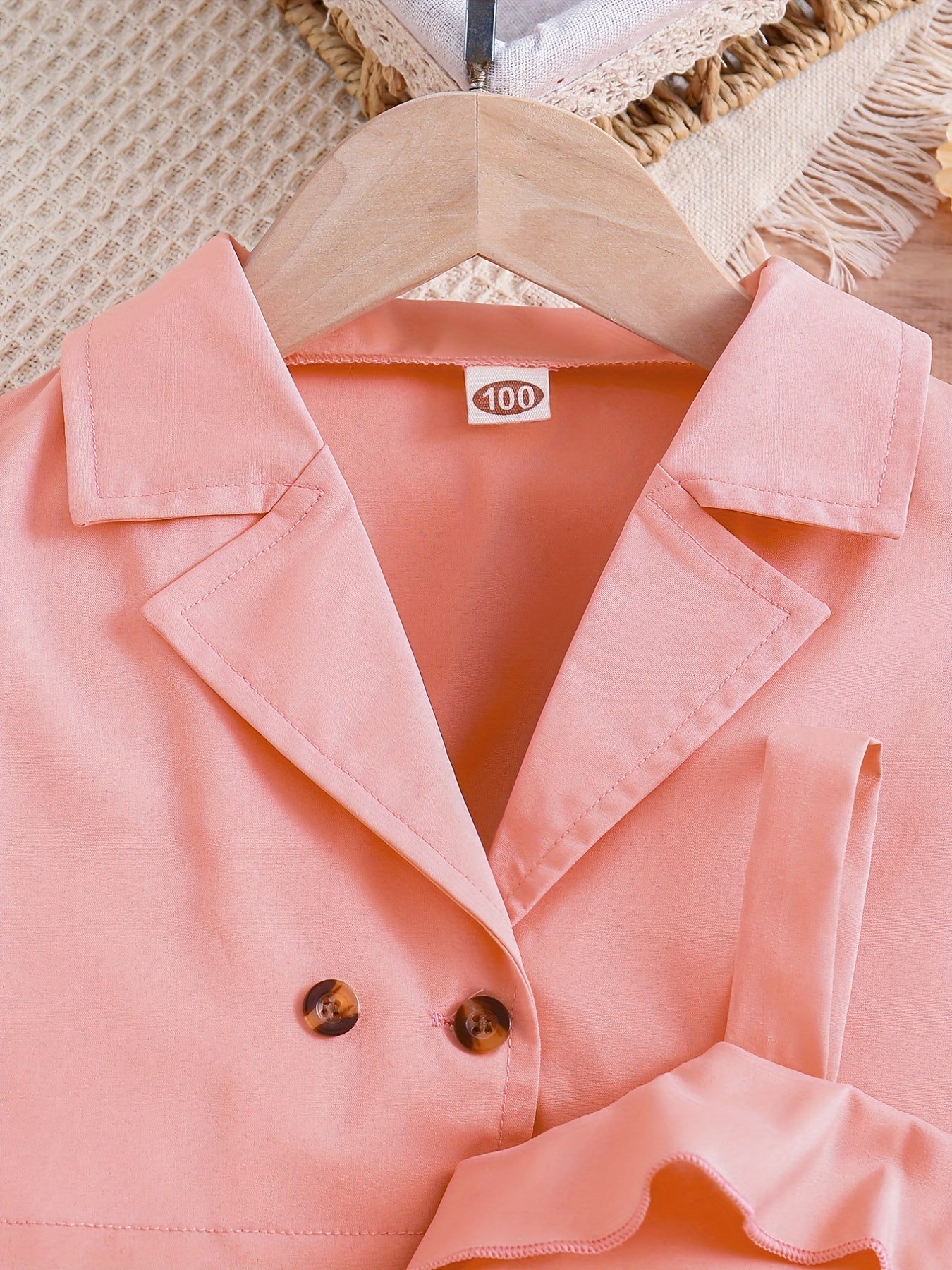 2pcs Girls Fashion Solid Non Stretch Puff Sleeve Double Button Blazer & Belted Cami Dress