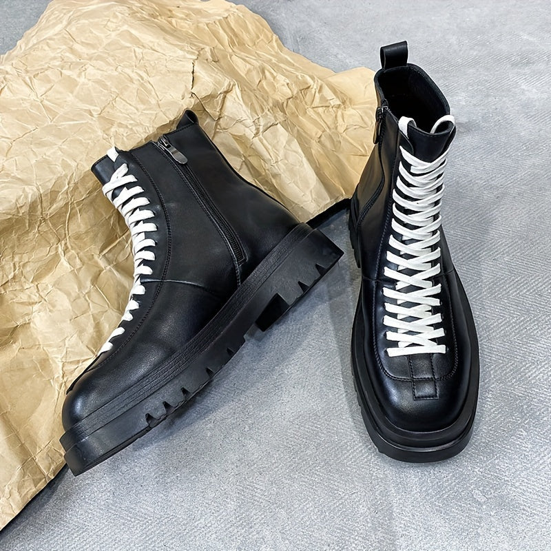 Men's High-Top Boots - Black with White Laces, Thick Rubber Sole
