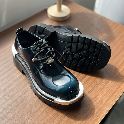 Men'S Chunky Platform Ankle Boots - Glossy Black Synthetic Cover with Golden-Tone Lace-Up Closure, Thick Rubber Sole for Height & Traction, Round Toe Design, All-Season Casual & Formal Work Boots, Formal Footwear, Durable Foo