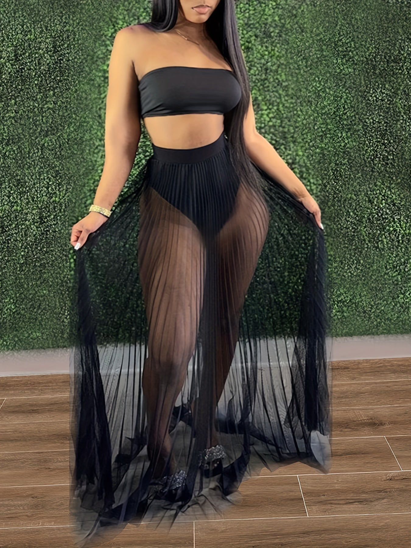 Women 3 Piece Swimsuit Set, Bandeau Bikini And Fishnet Hollow Out Beach Maxi Dress Cover Ups Party Skirts, Clubwear Set, Women's Clothing