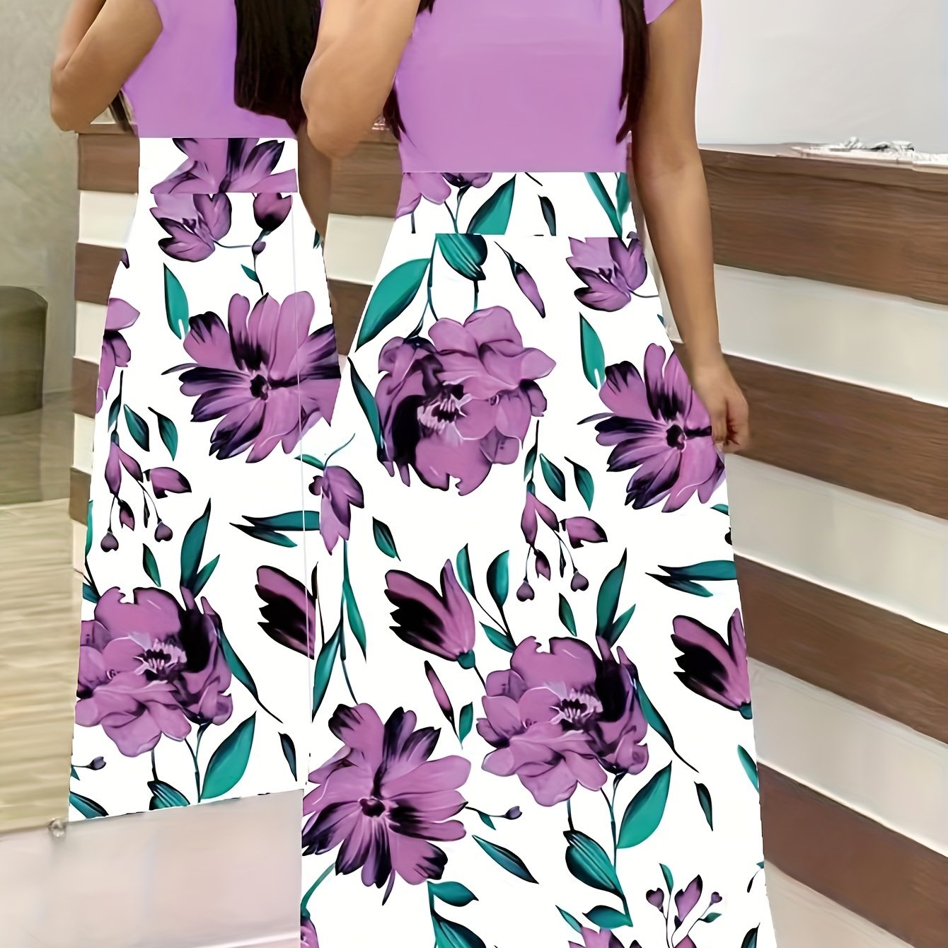 Floral Print Crew Neck Dress, Elegant Short Sleeve Dress For Spring & Summer, Women's Clothing
