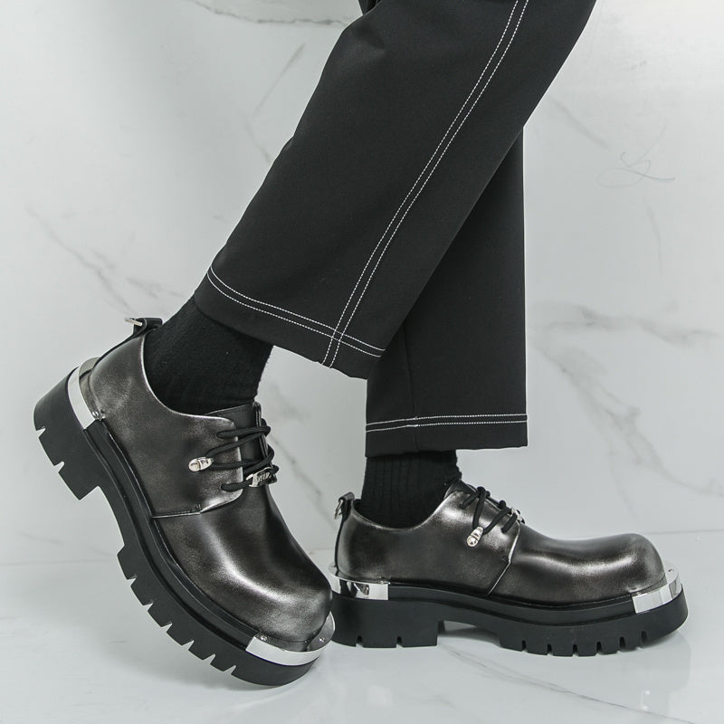 Men'S Chunky Platform Dress Shoes - Slip-Resistant Rubber Sole, Lace-Up Formal & Business Shoes, Glossy Black Faux Cover for Office, Wedding, Party - Cushioned Insole & Non-Slip Outsole, Office Footwear, Sleek Shoe Design, Du