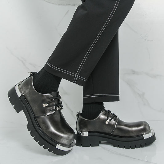 Men'S Chunky Platform Dress Shoes - Slip-Resistant Rubber Sole, Lace-Up Formal & Business Shoes, Glossy Black Faux Cover for Office, Wedding, Party - Cushioned Insole & Non-Slip Outsole, Office Footwear, Sleek Shoe Design, Du