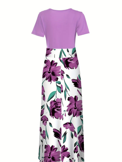 Floral Print Crew Neck Dress, Elegant Short Sleeve Dress For Spring & Summer, Women's Clothing