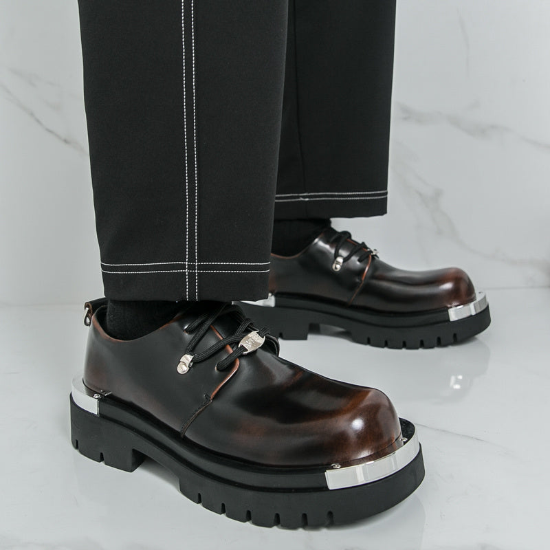 Men'S Chunky Platform Dress Shoes - Slip-Resistant Rubber Sole, Lace-Up Formal & Business Shoes, Glossy Black Faux Cover for Office, Wedding, Party - Cushioned Insole & Non-Slip Outsole, Office Footwear, Sleek Shoe Design, Du