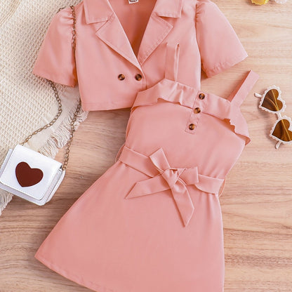 2pcs Girls Fashion Solid Non Stretch Puff Sleeve Double Button Blazer & Belted Cami Dress