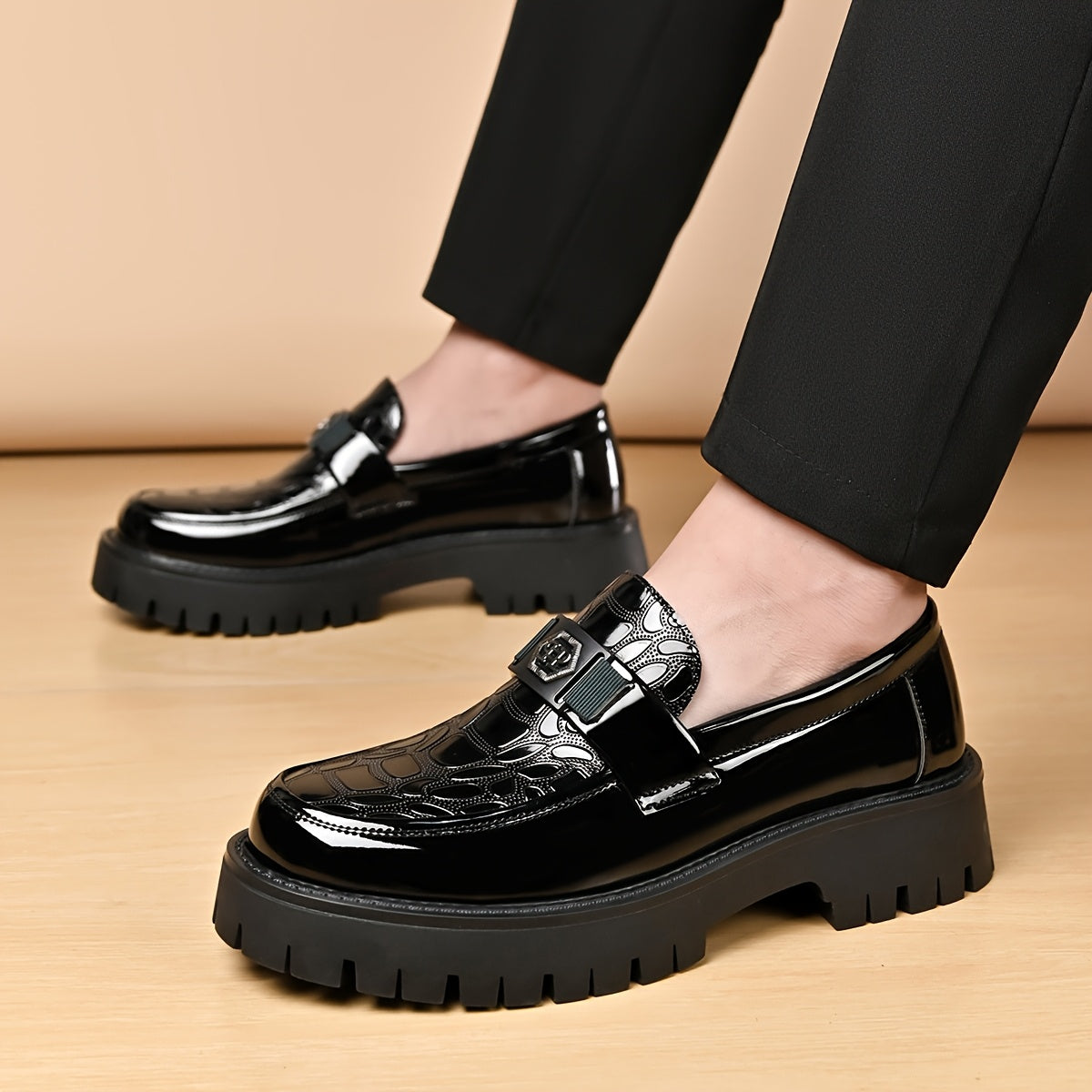 Men's British Style Slip-On Chunky Platform Shoes - Height Increasing Low-Top s with Rubber Sole, Wide Widths (Big & Tall) for Weddings, Business & Casual Wear