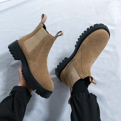 Men's Classic British Style Chunky Sole Ankle Boots - Faux Cover with Elastic Side Panels, Round Toe & Lace-Up Closure for Business Casual, Weddings, Parties - All-Season Versatile Footwear, Wedding Shoes, Durable Rubber Sole