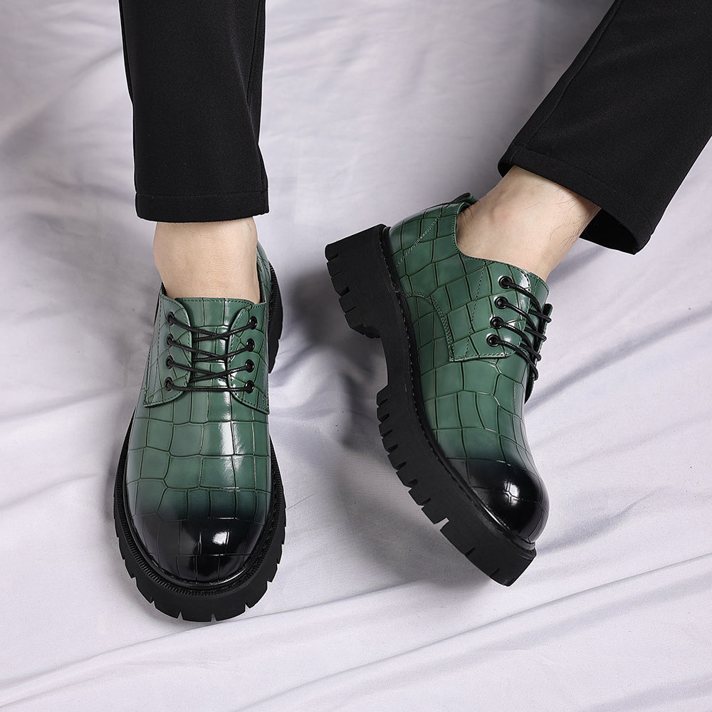 Men'S Glossy Green Derby Shoes - Low-Top Lace-Up Dress Shoes with Thick Rubber Sole, Synthetic Cover Upper & Cushioned Insole - Formal & Business Casual Shoes for Office, Parties - Easy-clean Elegant Footwear, Office Footwear