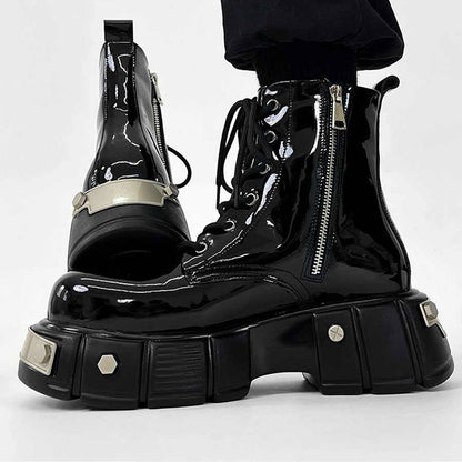 Unisex High-Top Motorcycle Boots - Black, Lace-Up, Round Toe, All-Season Casual Streetwear Shoes with Glossy Finish and Side Zipper Opening, Casual Streetwear Shoes | Stylish Short Boots | Glossy Finish Boots