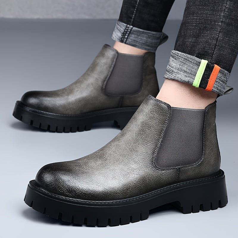 Men's Chunky Height-Increasing 4.5cm Chelsea Boots - Glossy Brown/Black Round-Toe Ankle Boots with Rubber Sole, Slip-Resistant & Cushioned Insole, All-Season Casual & Formal Shoes for Men,