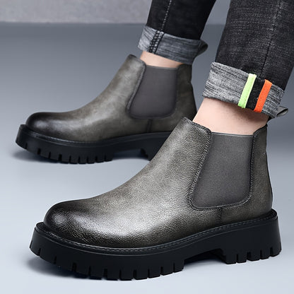 Men's Chunky Height-Increasing 4.5cm Chelsea Boots - Glossy Brown/Black Round-Toe Ankle Boots with Rubber Sole, Slip-Resistant & Cushioned Insole, All-Season Casual & Formal Shoes for Men,