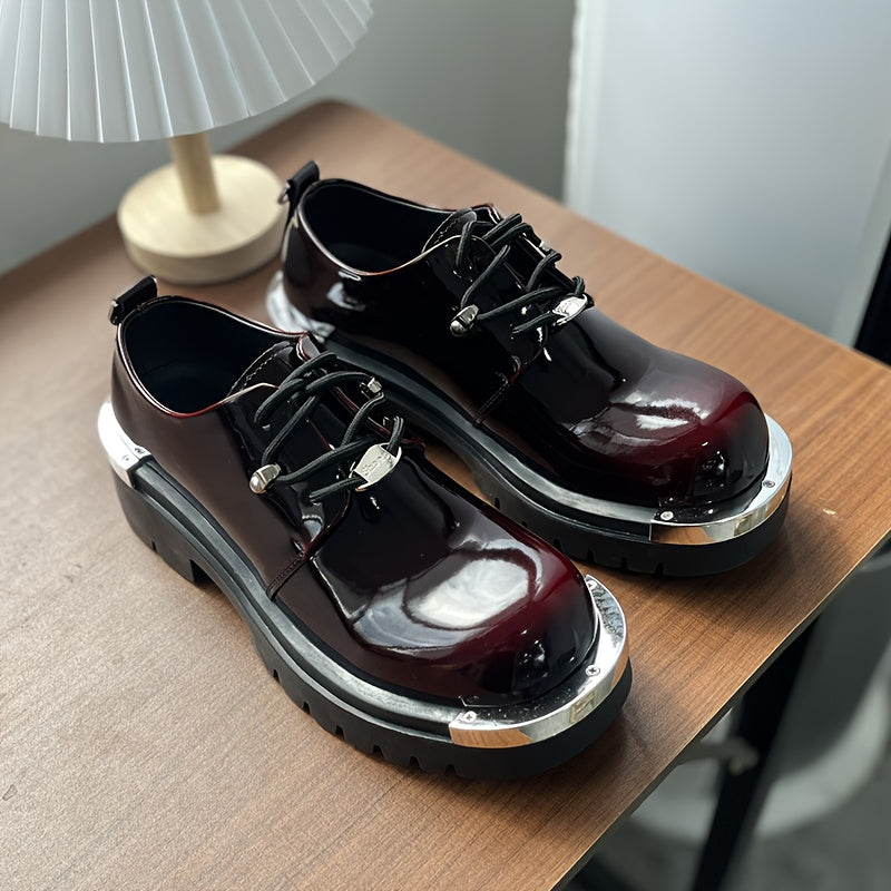 Men'S Chunky Platform Ankle Boots - Glossy Black Synthetic Cover with Golden-Tone Lace-Up Closure, Thick Rubber Sole for Height & Traction, Round Toe Design, All-Season Casual & Formal Work Boots, Formal Footwear, Durable Foo