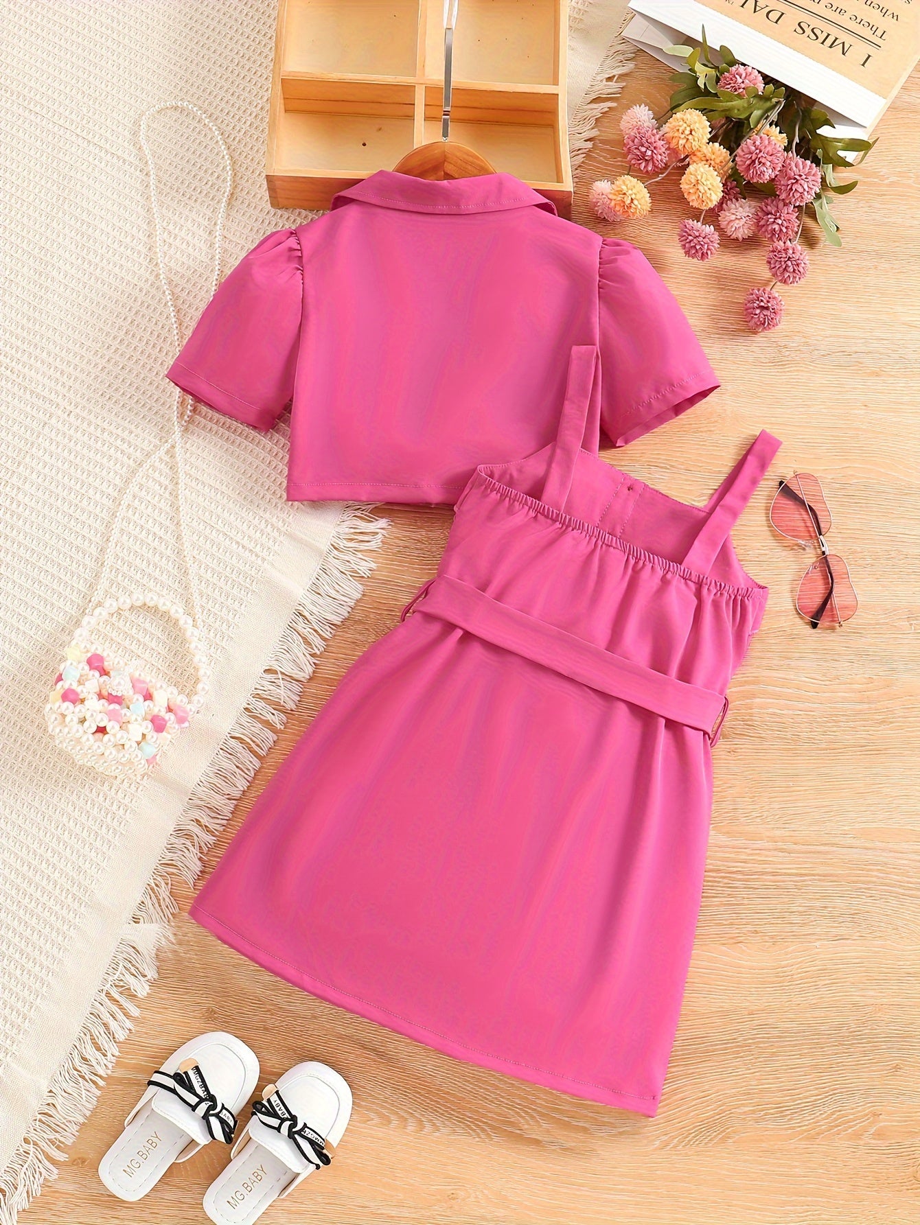 2pcs Girls Fashion Solid Non Stretch Puff Sleeve Double Button Blazer & Belted Cami Dress
