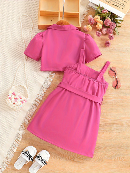 2pcs Girls Fashion Solid Non Stretch Puff Sleeve Double Button Blazer & Belted Cami Dress