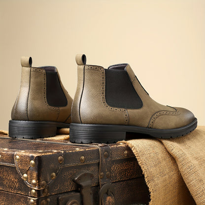 Men's Slip-On Short Boots - PU Upper & Rubber Sole, Glossy Black Round Toe Ankle Boots with Elastic Panel, All-Season Casual s for Office