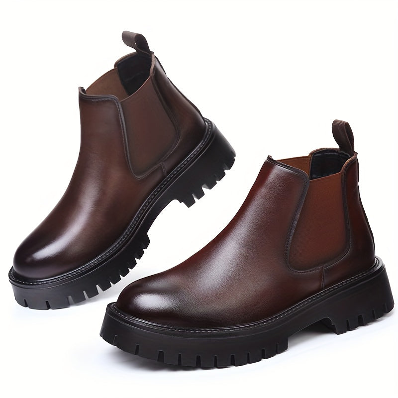 Men's Chunky Height-Increasing 4.5cm Chelsea Boots - Glossy Brown/Black Round-Toe Ankle Boots with Rubber Sole, Slip-Resistant & Cushioned Insole, All-Season Casual & Formal Shoes for Men,