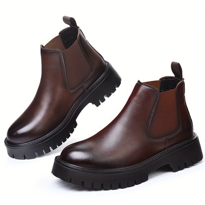 Men's Chunky Height-Increasing 4.5cm Chelsea Boots - Glossy Brown/Black Round-Toe Ankle Boots with Rubber Sole, Slip-Resistant & Cushioned Insole, All-Season Casual & Formal Shoes for Men,