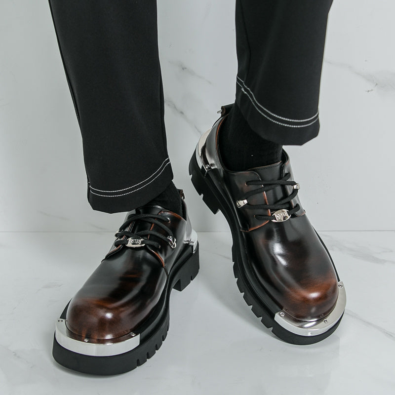 Men'S Chunky Platform Dress Shoes - Slip-Resistant Rubber Sole, Lace-Up Formal & Business Shoes, Glossy Black Faux Cover for Office, Wedding, Party - Cushioned Insole & Non-Slip Outsole, Office Footwear, Sleek Shoe Design, Du