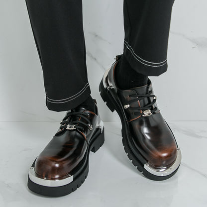 Men'S Chunky Platform Dress Shoes - Slip-Resistant Rubber Sole, Lace-Up Formal & Business Shoes, Glossy Black Faux Cover for Office, Wedding, Party - Cushioned Insole & Non-Slip Outsole, Office Footwear, Sleek Shoe Design, Du