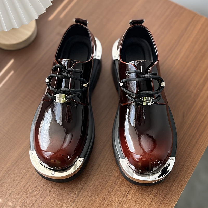 Men'S Chunky Platform Ankle Boots - Glossy Black Synthetic Cover with Golden-Tone Lace-Up Closure, Thick Rubber Sole for Height & Traction, Round Toe Design, All-Season Casual & Formal Work Boots, Formal Footwear, Durable Foo