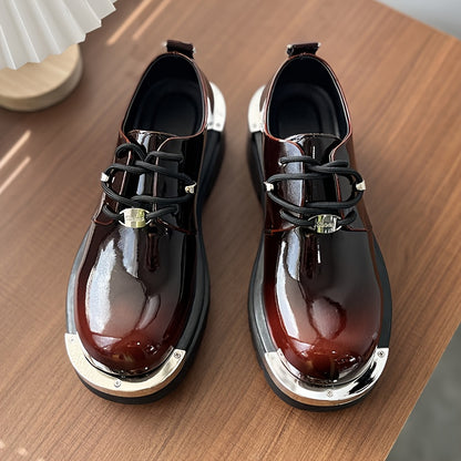 Men'S Chunky Platform Ankle Boots - Glossy Black Synthetic Cover with Golden-Tone Lace-Up Closure, Thick Rubber Sole for Height & Traction, Round Toe Design, All-Season Casual & Formal Work Boots, Formal Footwear, Durable Foo