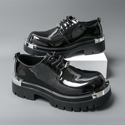 Men's Glossy -like Low-Top Lace-Up Dress Shoes - Glossy Black & Brown Luxury