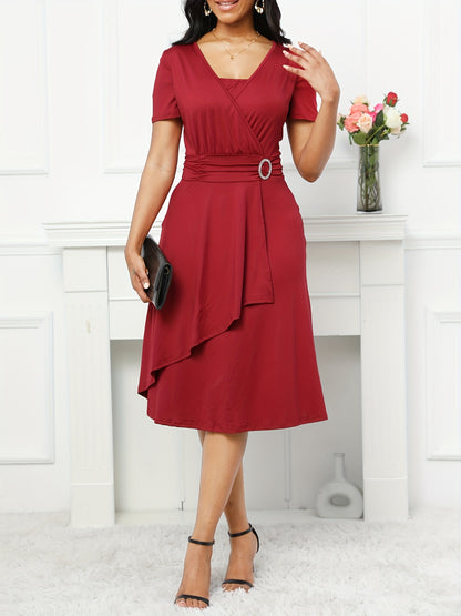 Asymmetrical V Neck Dress, Vintage Short Sleeve Slim Waist Comfy Dress, Women's Clothing Wedding/Evening dress/Occasion/Engagement/Ceremony
