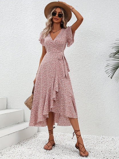 Floral Print Surplice Neck Tied Dress, Casual Flutter Sleeve Ruffle Hem Dress For Spring & Summer, Women's Clothing