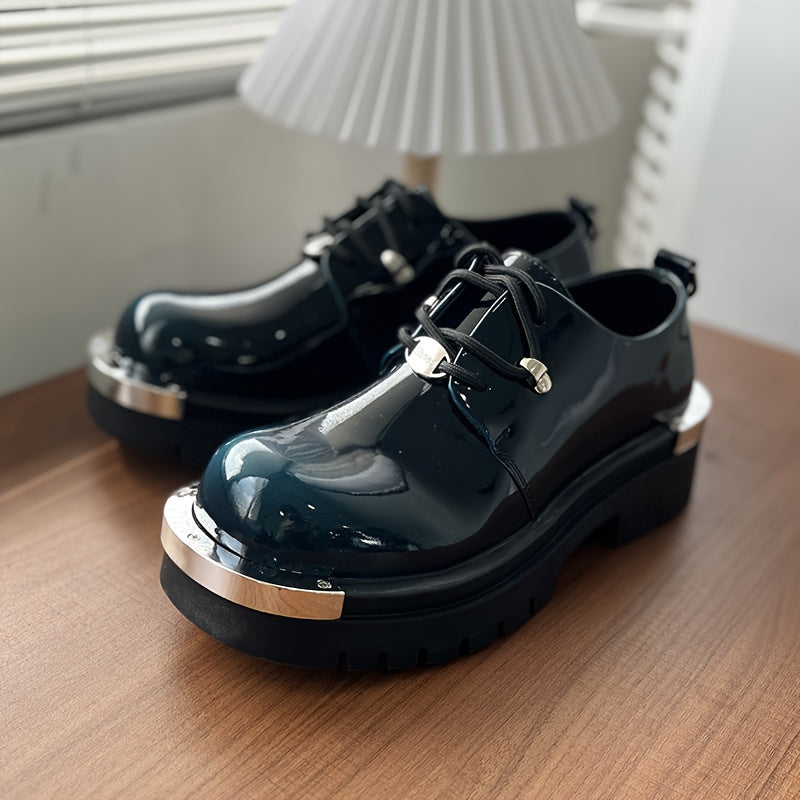 Men'S Chunky Platform Ankle Boots - Glossy Black Synthetic Cover with Golden-Tone Lace-Up Closure, Thick Rubber Sole for Height & Traction, Round Toe Design, All-Season Casual & Formal Work Boots, Formal Footwear, Durable Foo